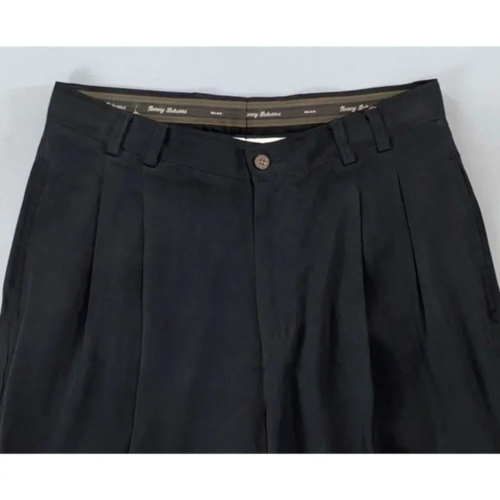 Tommy Bahama Pleated Relaxed Fit 100% Silk Chino Pants. Black Herringbone, 31X28